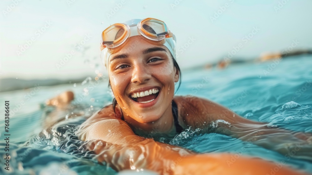 Smiling young woman with goggles enjoying a refreshing swim in sun-kissed water during summer.