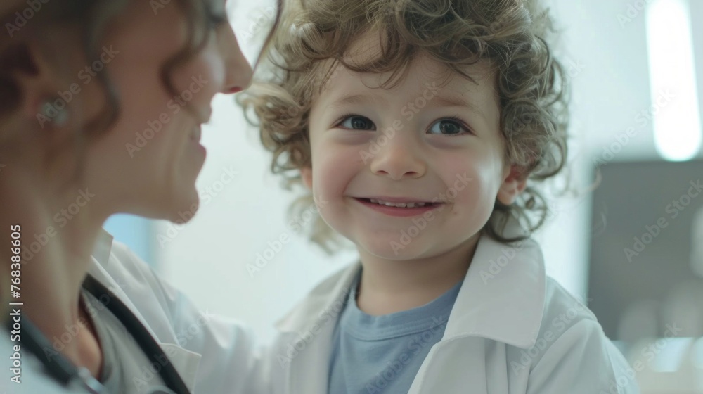 Adorable curly-haired child smiling during a consultation with a caring doctor in a clinical setting. Adorable curly-haired child smiling during a consultation with a caring doctor in a clinical setting.
