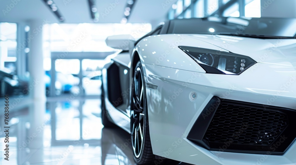 Sleek white sports car displayed in a modern showroom, symbolizing luxury and high performance. Sleek white sports car displayed in a modern showroom, symbolizing luxury and high performance.