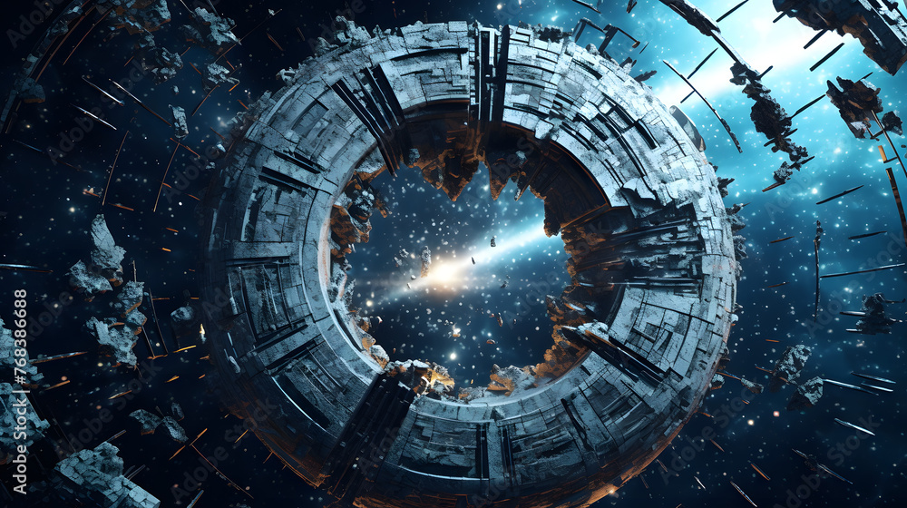 Fototapeta premium Digital technology sci-fi universe mechanical planet poster horizontal page PPT background with generative