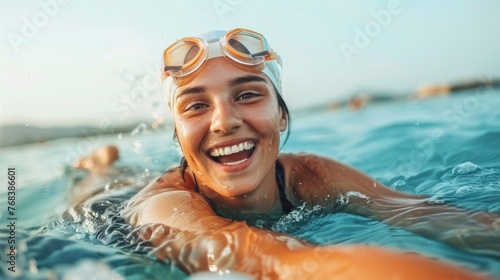 Smiling young woman with goggles enjoying a refreshing swim in sun-kissed water during summer. © red_orange_stock
