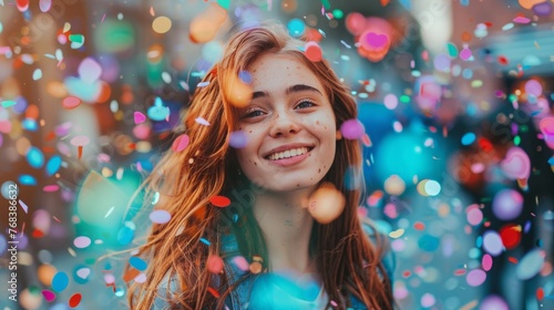 A joyful young woman smiling amidst a shower of colorful confetti, expressing happiness and celebration.