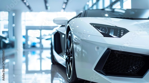 Sleek white sports car displayed in a modern showroom, symbolizing luxury and high performance.
