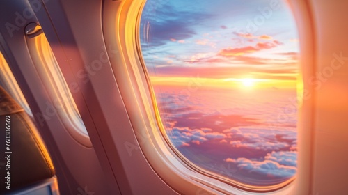 Captivating sunset sky view through an airplane window  showcasing a travel adventure.
