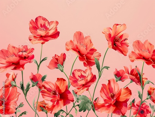 Wallpaper Mural Vibrant red spring flowers contrast beautifully against a soft pastel pink background, unique hyper-realistic illustrations Torontodigital.ca