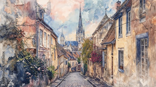 watercolor, cobblestone street, old town, European architecture, historical, church spire, quaint homes, picturesque, romantic, flowering vines, pastel sky, art, tranquil, alleyway, scenic, blooming,  photo