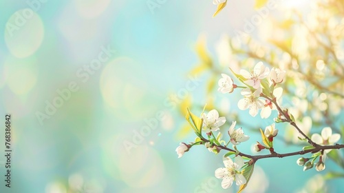 Soft focus on gentle white spring blossoms with a dreamy bokeh light background in pastel tones.