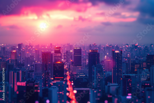 Dazzling Urban Sunset Over Cityscape, Vivid Colors Cast a Glow on the Bustling Metropolis