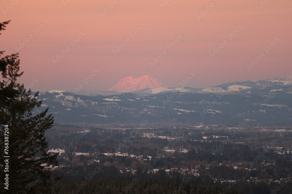 Mt. Rainier on a snowy winter day in 2024 at dusk. 
