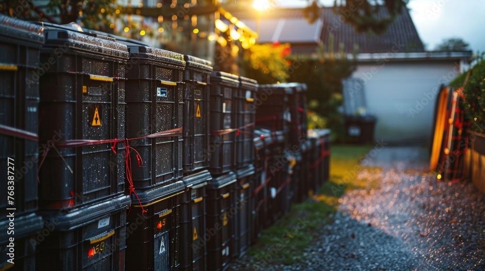 A storage unit filled with batteries connected to a solar system ready to supply power during a storm or blackout ensuring uninterrupted . AI generation.