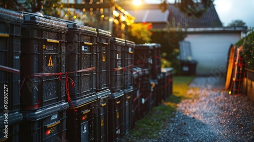 A storage unit filled with batteries connected to a solar system ready to supply power during a storm or blackout ensuring uninterrupted . AI generation.