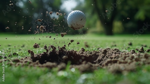 A closeup of a divot being lifted from the ground by a powerful swing. photo