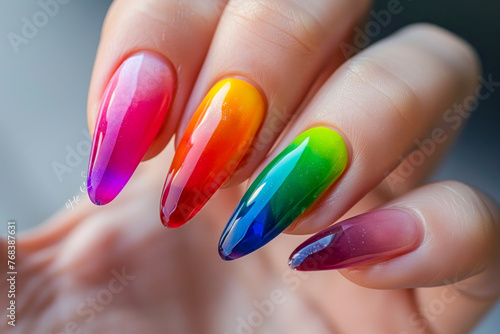 Rainbow Ombre Stiletto Nails with Glossy Colorful Transition