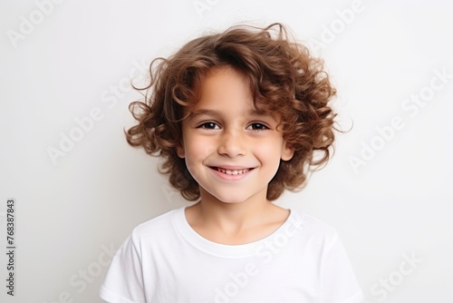 Portrait of a cute little girl with curly hair smiling at the camera