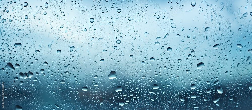 A closeup of water drops on a window, glistening with moisture in electric blue light. The drizzle outside left a mesmerizing dew pattern A closeup of water drops on a window, glistening with moisture in electric blue light. The drizzle outside left a mesmerizing dew pattern