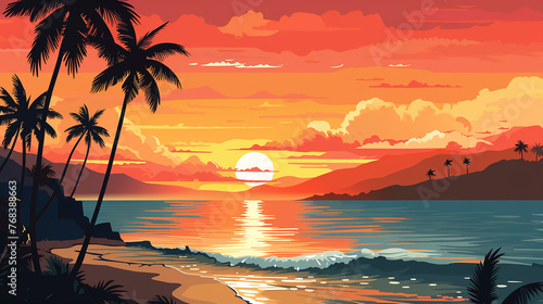 sunset paradise beach. a beautiful sunset scene with orange sky