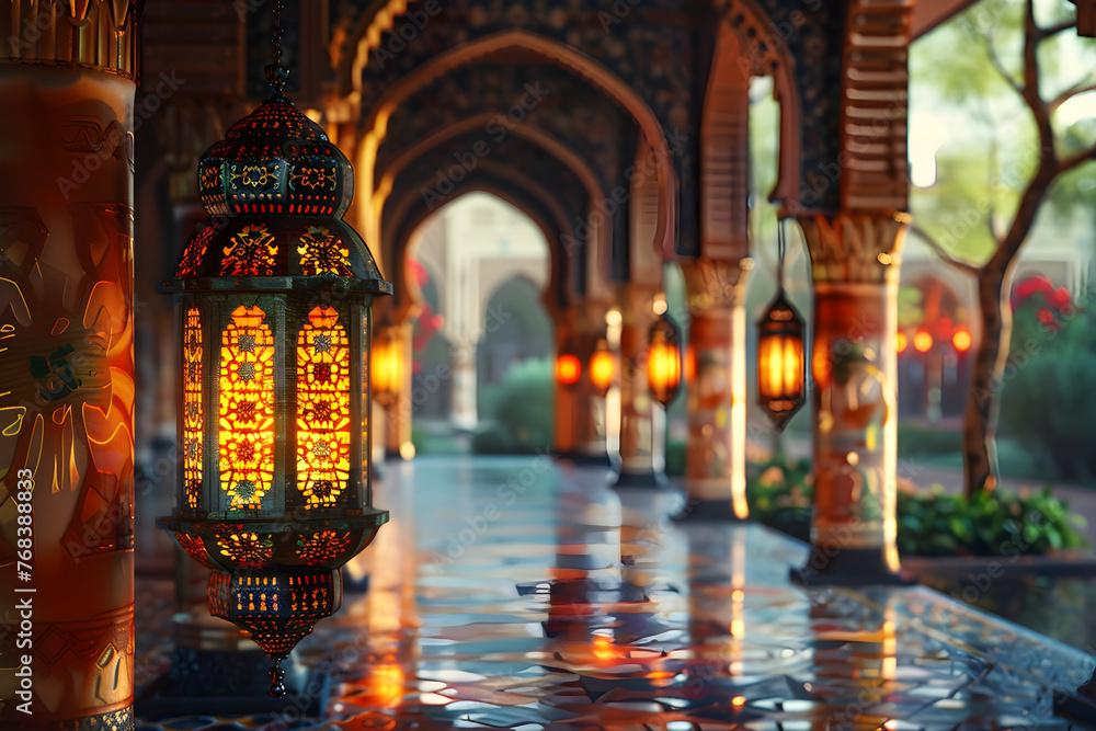 An abstract Islamic interior with lanterns, candles, and ornate arches, creating a peaceful and elegant atmosphere. Suitable for cultural and religious purposes. - obrazy, fototapety, plakaty 