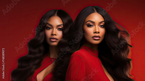 Two African American models with long black wavy hair close together isolated on a solid red background created with Generative AI Technology © AstraNova