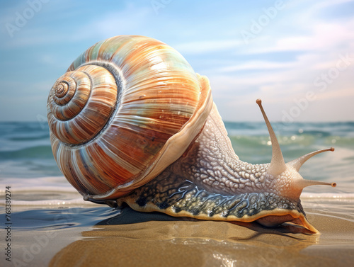 Close-up of a sea slug snail with shell crawling created with Generative AI Technology
