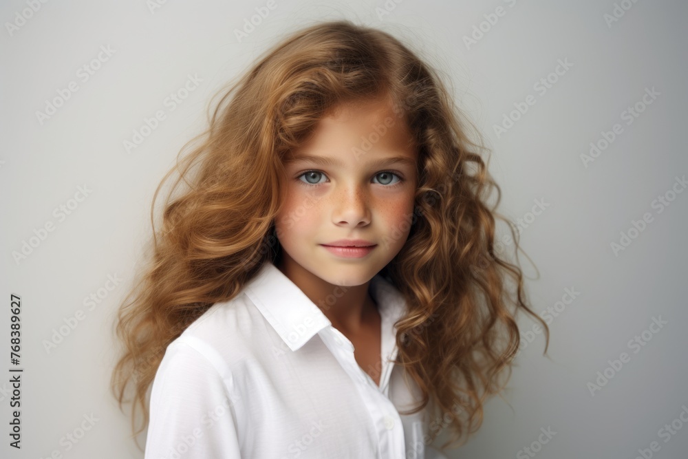 Portrait of a beautiful little girl with long curly hair in a white shirt. Portrait of a beautiful little girl with long curly hair in a white shirt.