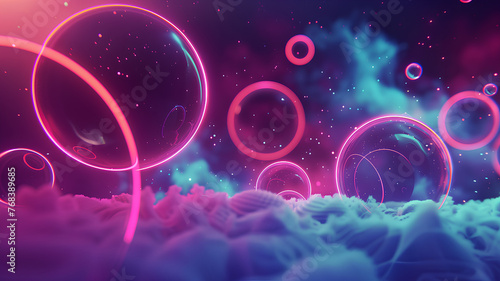 Fantasy Neon Rings and Particles in Dreamy Landscape
. A fantasy composition of glowing neon rings and floating particles set against a dreamy, cloud-like landscape in purple and blue shades.
