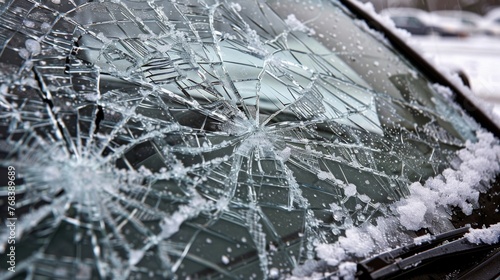 A shattered car windshield with shards of ice protruding from its edges a chilling testament to the destructive force of freezing rain.