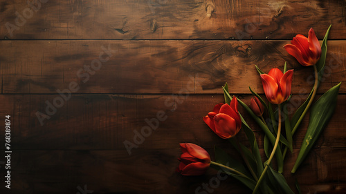 tulips on rustic wooden table top with copy space. #768389874