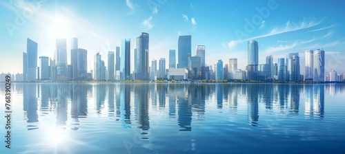 City skyline with reflect on water. Generative AI technology. © Hero Design