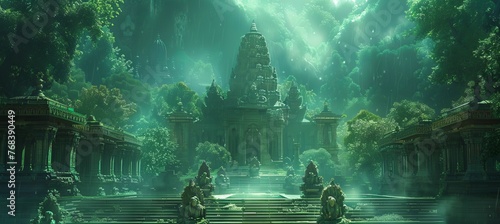 Grand Hindu temple at green mysterious jungle. Generative AI technology.	
 photo