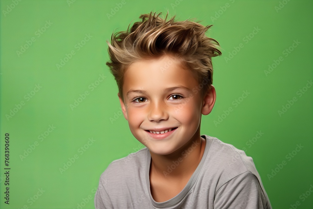 Portrait of a smiling little boy on a green background. Studio shot. Portrait of a smiling little boy on a green background. Studio shot.