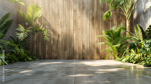 Vintage Wooden Plank Wall with Tropical Garden Backdrop
