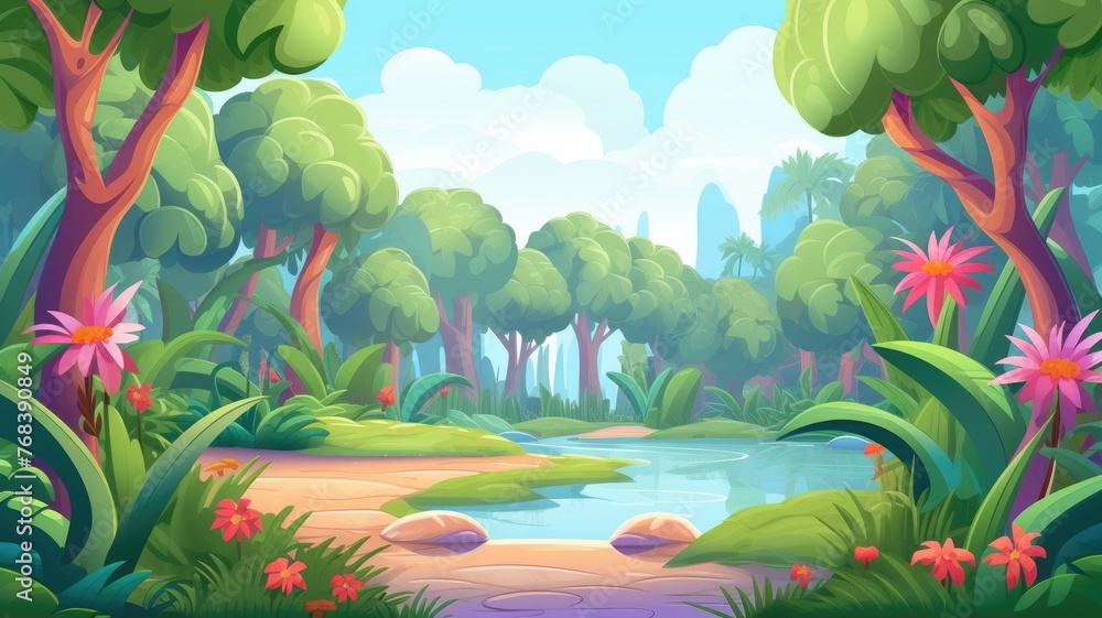 cartoon whimsical forest path, alive with colorful trees and blooming flowers, beckons into a magical realm