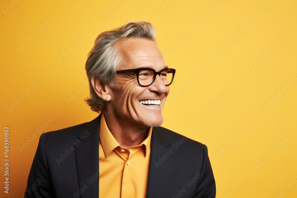 Portrait of happy senior man in eyeglasses on yellow background