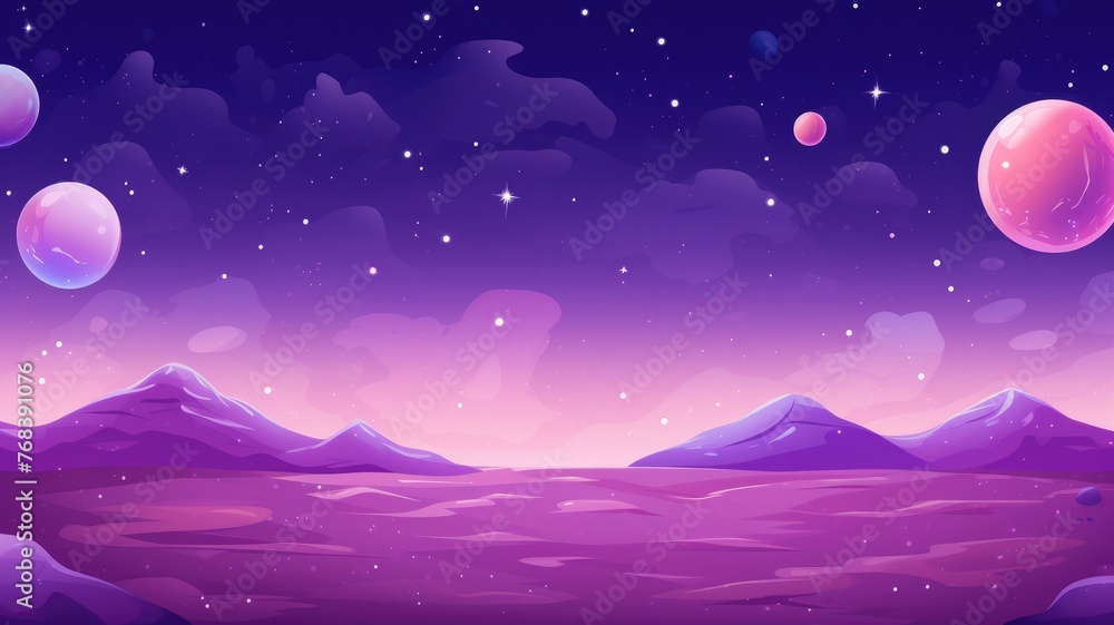 cartoonn Mystical night landscape with starlit sky and visible planets, blending harmoniously in colors