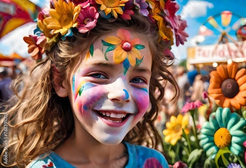 a photo realistic illustration of a young girl with her face painted with flowers and flowers all around at a fair. county fair. exhibition. child. kid