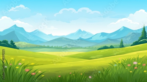 cartoon landscape with lush greenery and towering mountains under a clear blue sky © chesleatsz