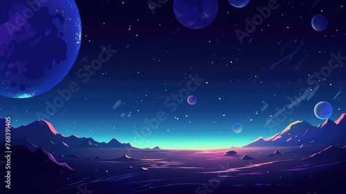 cartoon mystical nightscape with a radiant moon  glistening stars  and tranquil waters embraced by mountain silhouettes