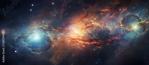 An astronomical object resembling a colorful galaxy in space, with swirling clouds and vibrant hues against a starry sky backdrop