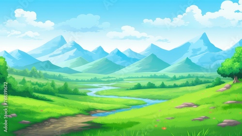 cartoon landscape with lush greenery, a winding river, and majestic mountains under a clear sky