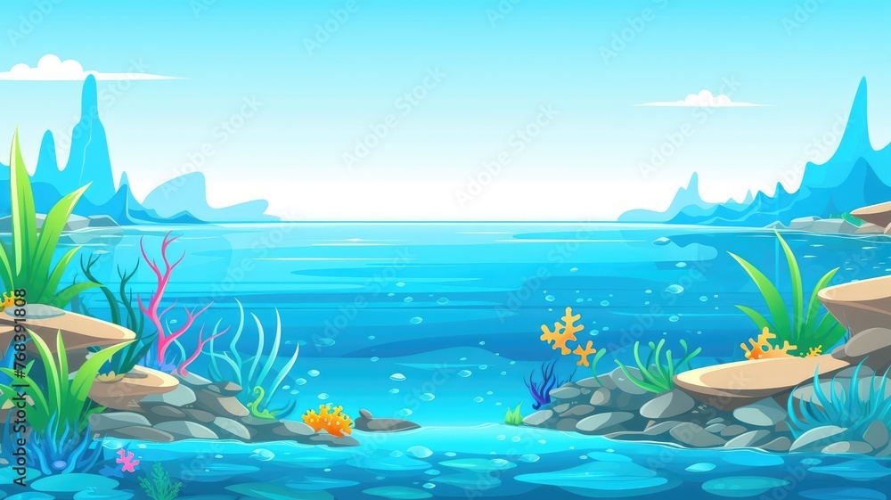 underwater cartoon scene with colorful coral and rocks, set against distant mountains under a clear sky
