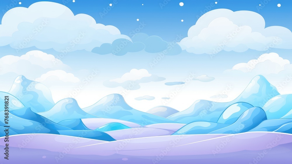tranquil icy cartoon landscape with snow-capped mountains and calm waters under a sky dotted with fluffy clouds