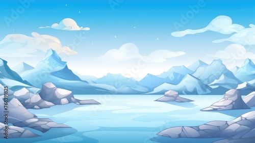 tranquil icy cartoon landscape with snow-capped mountains and calm waters under a sky dotted with fluffy clouds © chesleatsz