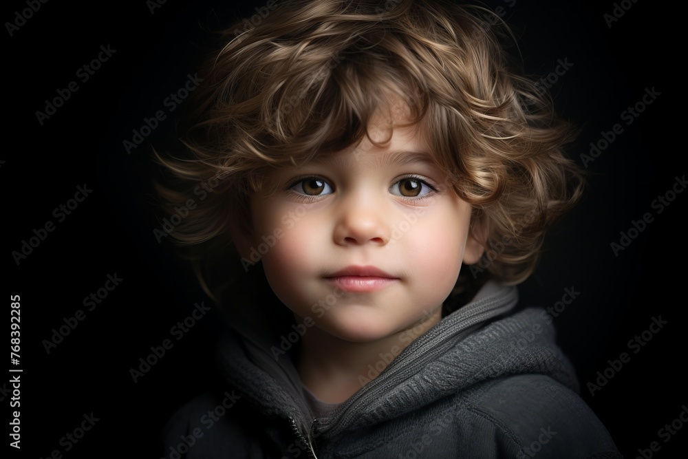 Portrait of a cute little boy with curly hair on black background Portrait of a cute little boy with curly hair on black background