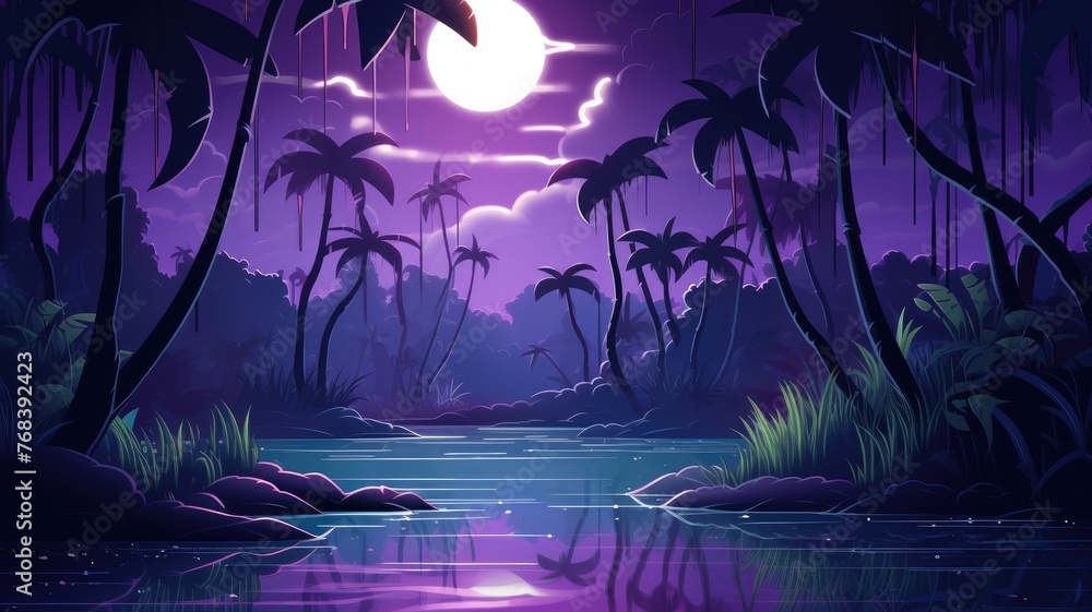 cartoon mystical moon over a tranquil tropical jungle, casting silhouettes and reflections on the wate