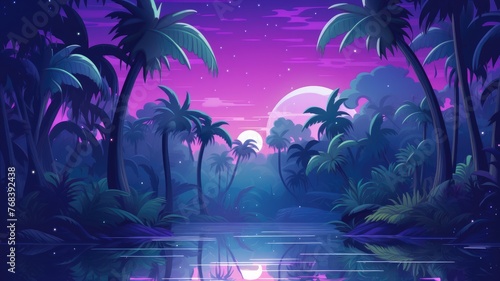 cartoon mystical moon over a tranquil tropical jungle, casting silhouettes and reflections on the wate