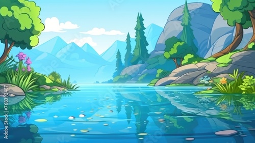 tranquil cartoon landscape with a reflective lake, vibrant greenery, and distant mountains