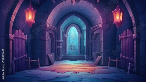 cartoon illustration A mystical castle hallway  lit by glowing lanterns  with intricate stone