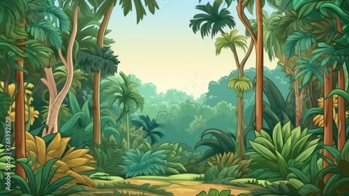 A lush, vibrant jungle scene inviting exploration and imagination cartoon illustration