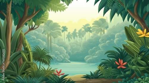 A lush  vibrant jungle scene inviting exploration and imagination cartoon illustration