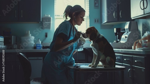 Veterinarian sitting with beagle dog on table in clinic photo